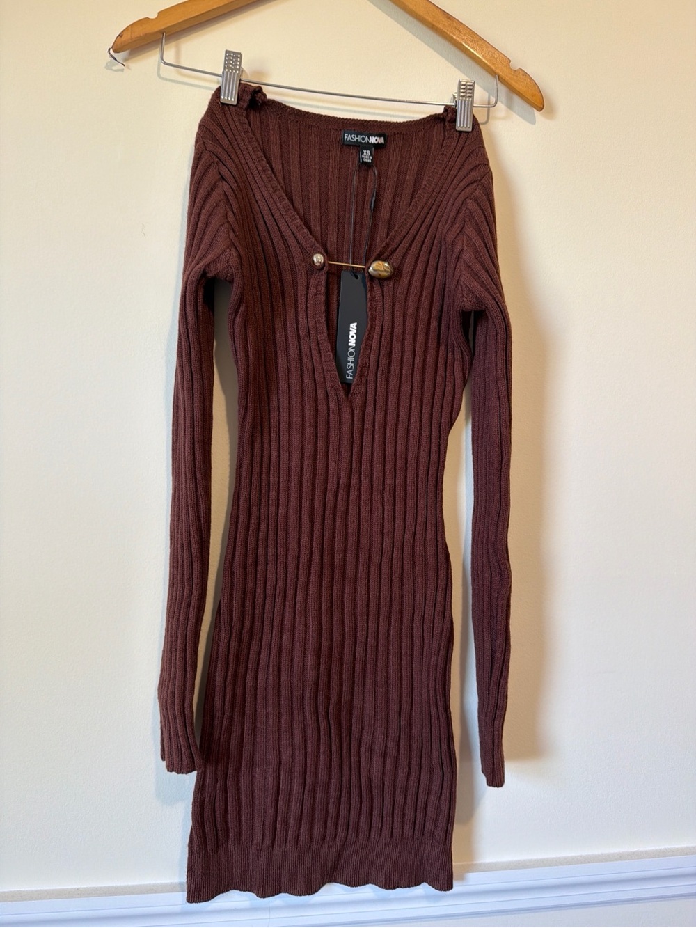 Fashion Nova Chocolate Ribbed Long Sleeve V-Neck Bodycon Dress